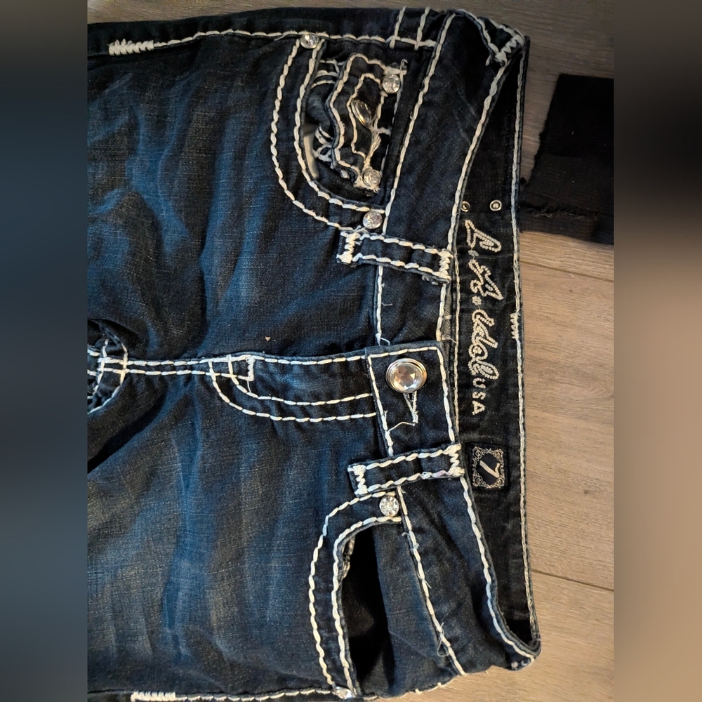 L.A. Idol Dark Blue Boot Cut Jeans with White Stitching - Picture 2 of 4